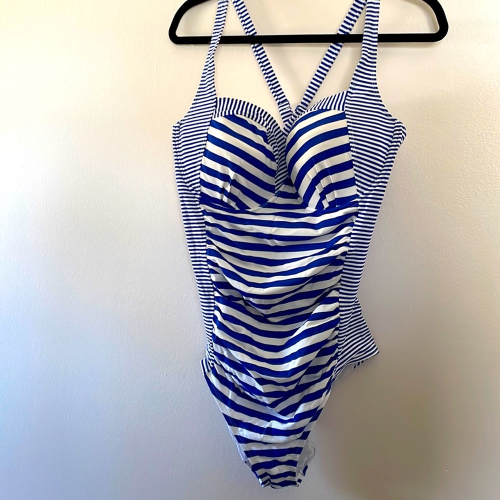 Torrid one piece bathing suit. Blue and white. Built-in bra.
